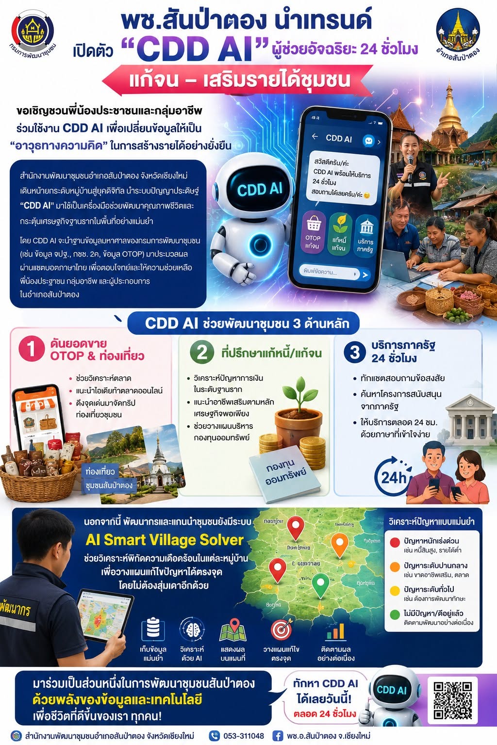 พช.สันป่าตอง นำเทรนด์ เปิดตัว “CDD AI” ผู้ช่วยอัจฉริยะ 24 ชั่วโมง แก้จน-เสริมรายได้ชุมชนขอเชิญชวนพี่น้องประชาชนและกลุ่มอาชีพ ร่วมใช้งาน CDD AI เพื่อเปลี่ยนข้อมูลให้เป็น "อาวุธทางความคิด" ในการสร้างรายอย่างยั่งยืน